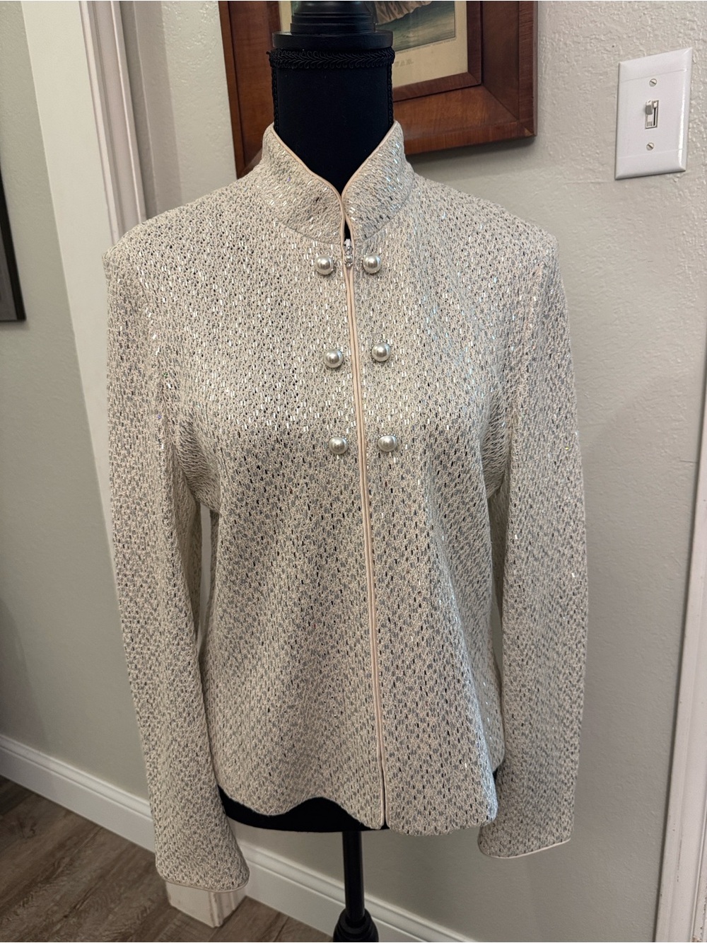 St. John Cream Paillettes Pearl-Button Stand Collar Jacket